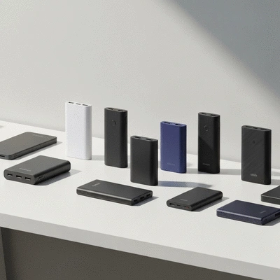 Collection of various power banks neatly arranged on a modern desk, clean background