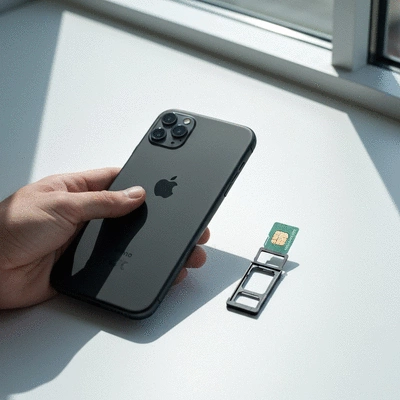 Hand holding an iPhone next to a SIM card tray with a South African SIM card being inserted