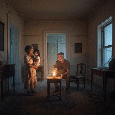 Person using a power bank to charge a smartphone during a power outage, with a dimly lit background