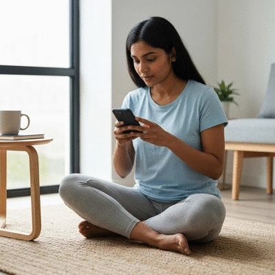 Person browsing Android community forum on a tablet, with a cup of coffee nearby, clean image, no text, no words, no typography, 8K