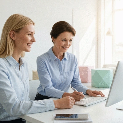 Happy customer interacting with a customer support representative, showing good service