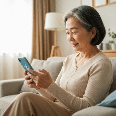 Person using an iPhone with accessibility features enabled, showing enlarged text and simplified interface